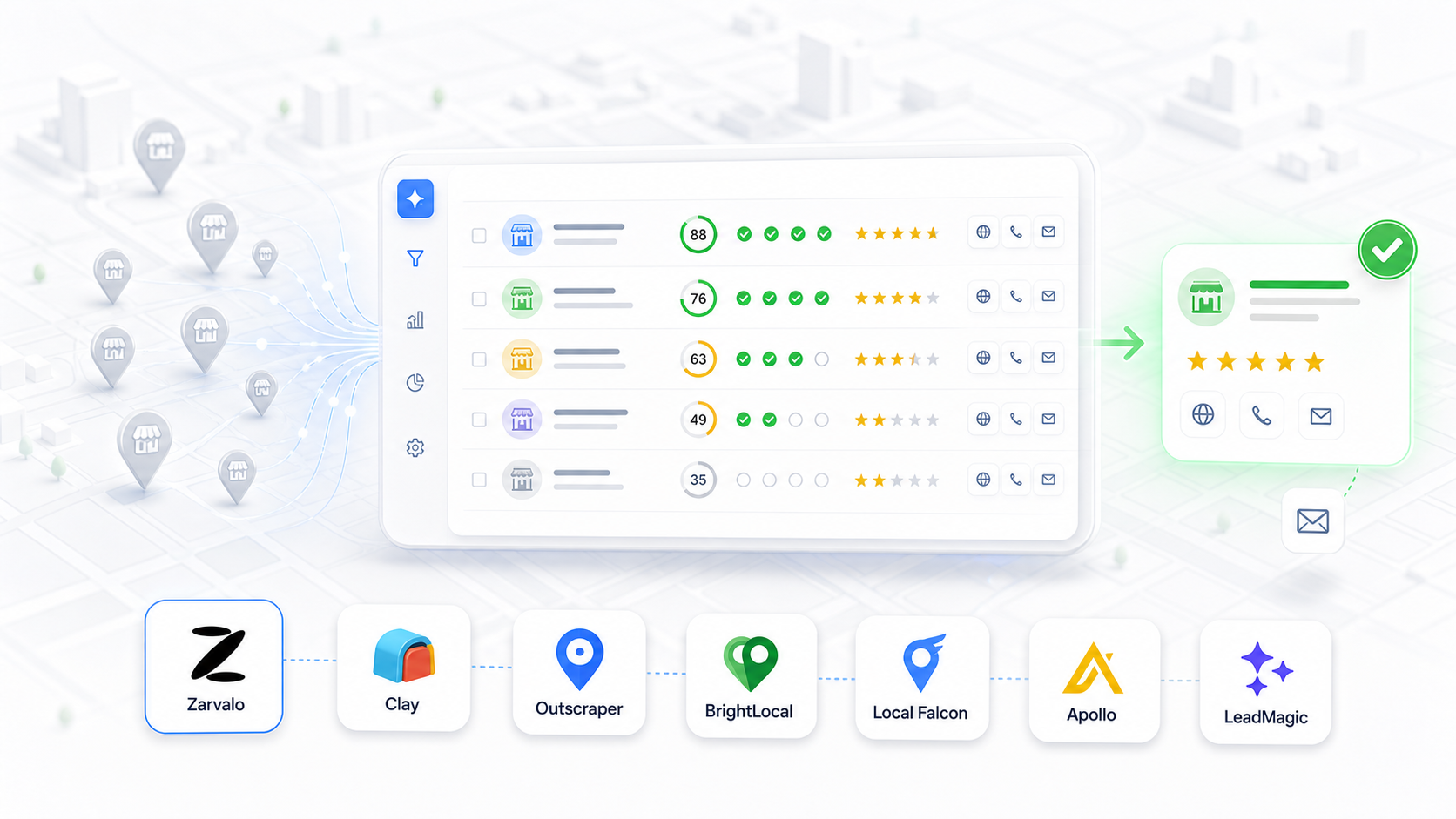 7 tools for AI lead qualification with smooth white style and a visualization in the middle